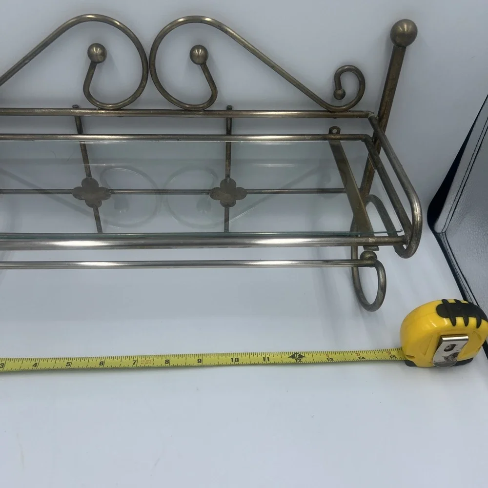 Solid Brass Vintage Bathroom Shelf & Towel Bar - Includes‎ Glass Shelf